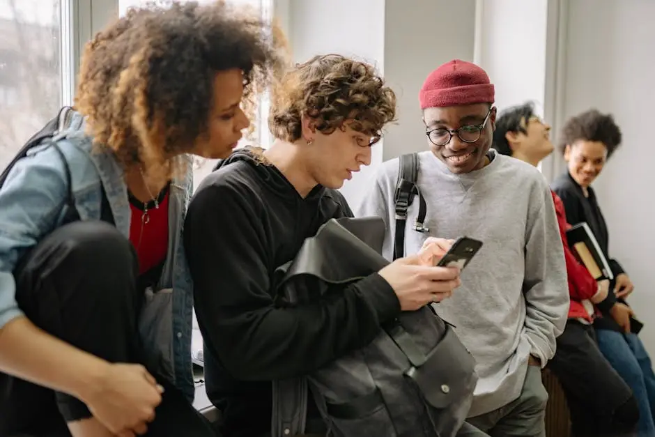 A group of diverse college students hanging out indoors and using a smartphone together.